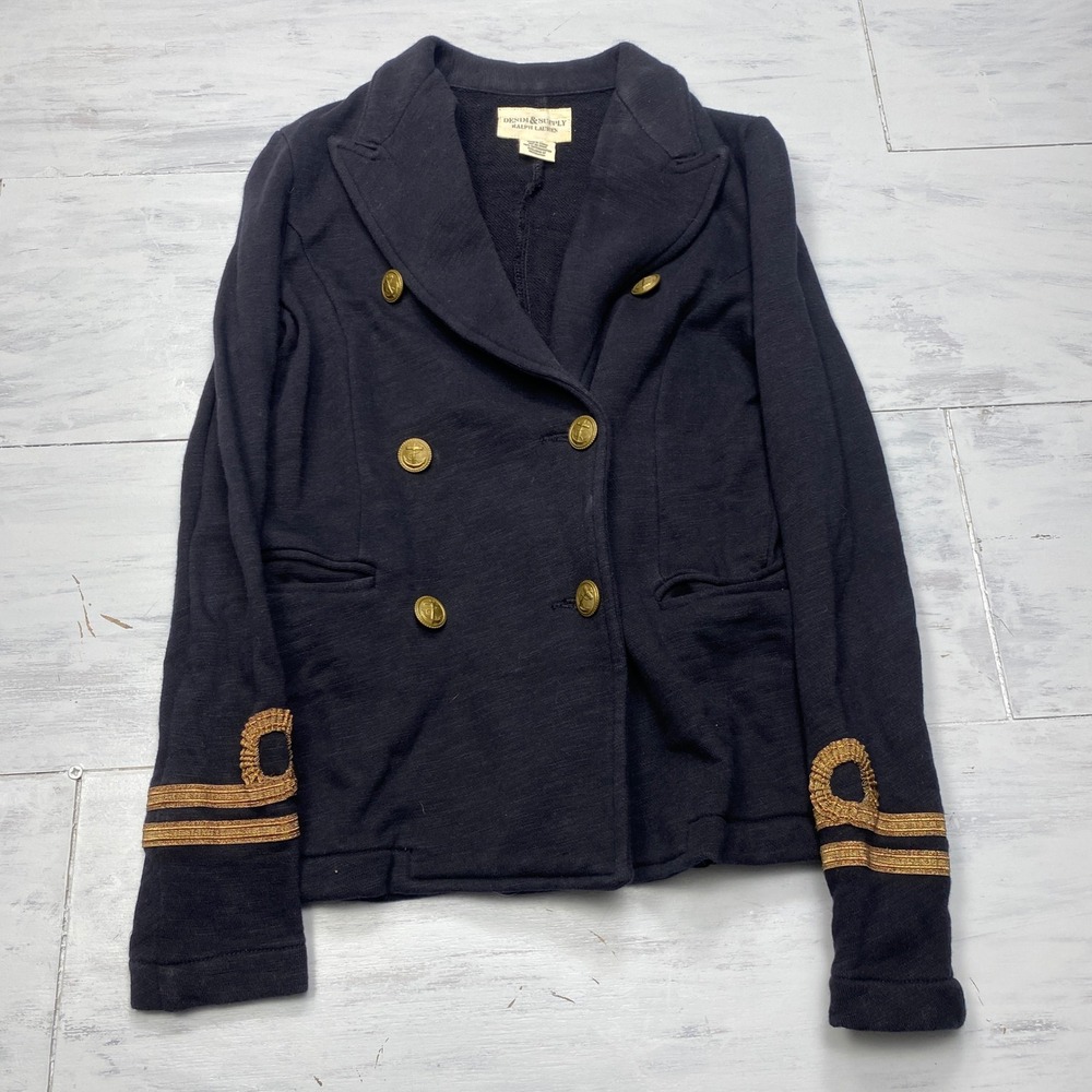 Denim & Supply Ralph Lauren Knit Blazer Womens XS Black Gold Nautical Military